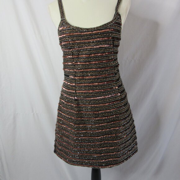 NBD Mini Cocktail Dress Black Copper Sequins Beading Stripes Tank Size Small - Picture 1 of 11